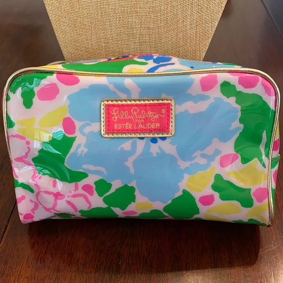 Lilly Pulitzer Estée Lauder Pink Blue Yellow Floral Cosmetic Travel Makeup Bag - Picture 1 of 4